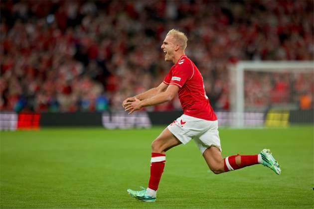 RECORD DATE NOT STATED Football - UEFA Nations League - Group A4 - Denmark v Wales COPENHAGEN, DENMARK - Sunday, September 27, 2026: Denmark s Gustav Isaksen celebrates after scoring the second goal during the UEFA Nations League Group A4 Matchday 2 match between Denmark and Wales at the Parken Stadium. Denmark won 2-0. (Photo by Amanda McMaster Propaganda) COPENHAGEN Parken Stadium COPENHAGEN DENMARK  Copyright: xAmandaxMcMasterx 2026-09-27-Denmark_v_Wales-033