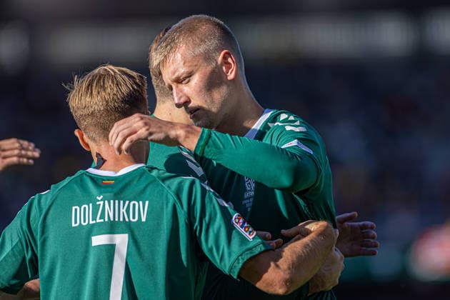 UEFA National League - League - Round 2 Lithuania Dariaus ir Gineno stadionas Lithuania s Armandas Kucys celebrates with temates scoring a goal during the UEFA Nations League match between Lithuania and Azerbaijan at Dariaus ir Gireno Stadium in Kaunas, Lithuania, on September 27, 2026. Kaunas Kaunas Lithuania