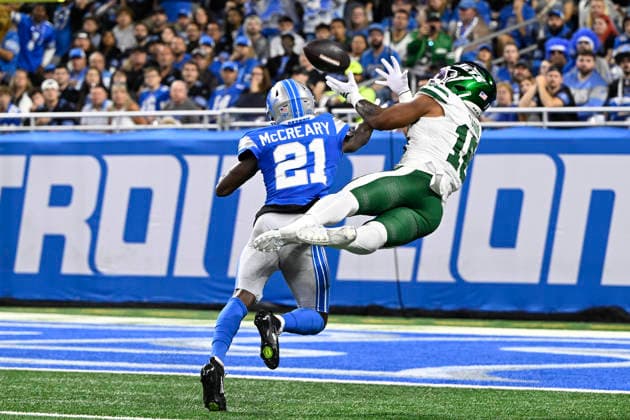 Sep 27, 2026; Detroit, MI, USA; New York Jets tight end Kenyon Sadiq (16) catches a touchdown pass at Ford Field. Mandatory Credit: -Cal Media NFL, American Football Herren, USA 2026: Jets Vs Lions SEP 27  - ZUMAc04_ 20260927_zma_c04_011 Copyright: xAllanxDranbergx