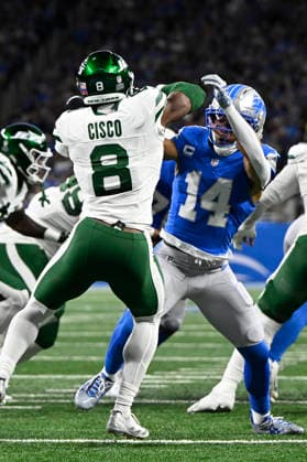 Sep 27, 2026; Detroit, MI, USA; Detroit Lions wide receiver Amon-Ra St. Brown (14) throws a block against New York Jets safety Andre Cisco (8) at Ford Field. Mandatory Credit: -Cal Media Detroit USA - ZUMAc04_ 20260927_zma_c04_024 Copyright: xAllanxDranbergx