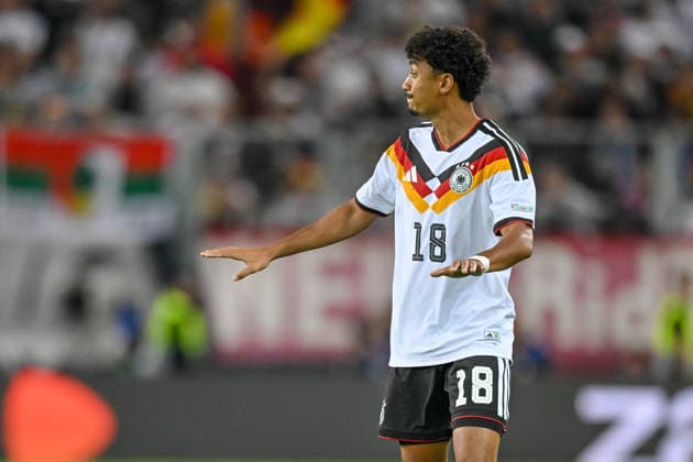 Nathaniel Brown of Germany gestures during the UEFA Nations League 2026–27 group stage match between Germany and Greece at WWK Arena on September 27, 2026, in Augsburg, Germany. Photo by Harry Langer, DeFodi Images