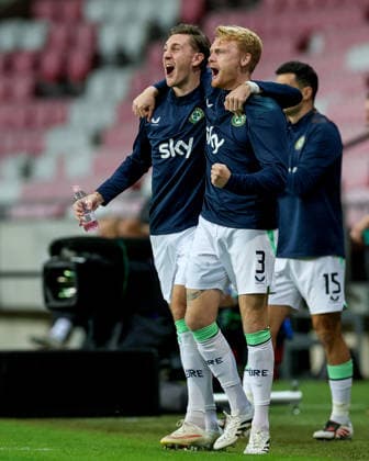 UEFA Nations League Group Stage, Nagyerdei Stadion, Debrecen, Hungary 27 9 2026 Israel vs Republic of Ireland Ireland s Jimmy Dunne and Liam Scales celebrate after Troy Parrott scores his sides first goal of the match Jimmy Dunne and Liam Scales celebrate after Troy Parrott scores his sides first goal of the match 27 9 2026  Copyright: xx RB1_6779