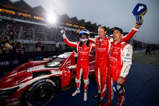 FIA WEC - 6 HOURS OF FUJI 2026 08 BUEMI SÃ bastien (swi), HARTLEY Brendon (nzl), HIRAKAWA Ryo (jpn), Toyota Racing, Toyota TR010 Hybrid 08, Hypercar, celebrating their win during the 6 Hours of Fuji 2026, 6th round of the 2026 FIA World Endurance Championship, from September 25 to 27, 2026 on the Fuji Speedway in Oyama, Shizuoka, Japan - OyamaJapan Copyright: xJULIENxDELFOSSEx