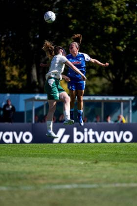 September 27, 2026, GER, Soccer, Women, DFB Cup, 2026–2027 Season, Round 1, SpVgg Greuther Fürth vs. TSG 1899 Hoffenheim, Marie Steiner (Hoffenheim) and Julius Hirsch (Fürth) in a battle for a header at the Bayern Sports Center, Germany Copyright: xNordphoto Memmlerx