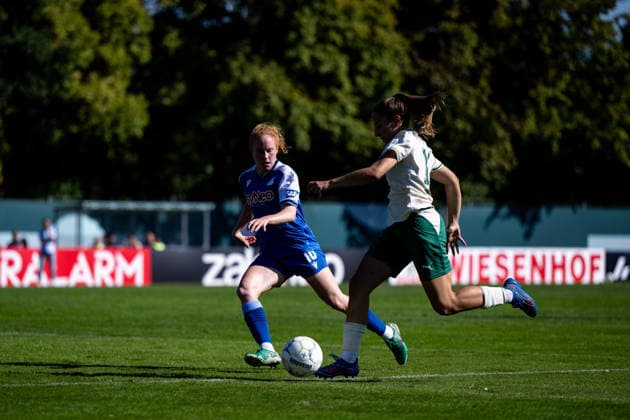 September 27, 2026, GER, Soccer, Women, DFB Cup, 2026–2027 Season, Round 1, SpVgg Greuther Fürth vs. TSG 1899 Hoffenheim, Milena Röder (Hoffenheim), age 16, in a tackle against Fürth, Julius Hirsch Sports Center, Bavaria, Germany Copyright: xNordphoto Memmlerx