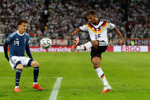 Bambase Conte, 15, Germany, and Konstantinos Karetsas, 19, Greece, during the match between Germany and Greece, men s soccer, UEFA Nations League, 2026–2027, Matchday 2 on September 27, 2026, in Augsburg, WWK Arena, Bavaria, Germany