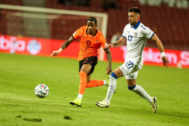 Serbia v Netherlands - UEFA Nations League BELGRADE, SERBIA - SEPTEMBER 27: Crysencio Summerville (7) of the Netherlands in action against Aleksa Terzic (17) of Serbia during the UEFA Nations League match between Serbia and the Netherlands at the Rajko Mitic Stadium in Belgrade, Serbia on September 27, 2026. Filip Stevanovic Anadolu Belgrade Serbia. Editorial use only. Please get in touch for any other usage.  Copyright: x2026xAnadoluxFilipxStevanovicx