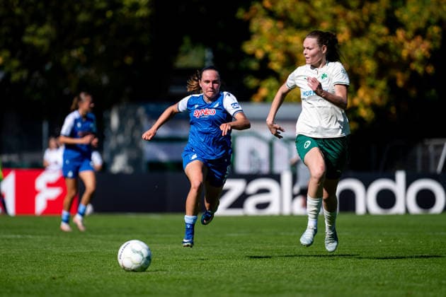 September 27, 2026, GER, Soccer, Women s, DFB Cup, 2026–2027 Season, Round 1, SpVgg Greuther Fürth vs. TSG 1899 Hoffenheim, Marie Steiner, Hoffenheim, 09, in a tackle with Fürth, Julius Hirsch Sports Center, Bavaria, Germany Copyright: xNordphoto Memmlerx