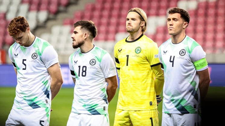 UEFA Nations League Group Stage, Nagyerdei Stadion, Debrecen, Hungary 27 9 2026 Israel vs Republic of Ireland Ireland s Jake O Brien, Ryan Manning, Caoimhin Kelleher and Dara O Shea during the national anthem Jake O Brien, Ryan Manning, Caoimhin Kelleher and Dara O Shea during the national anthem 27 9 2026  Copyright: xx 0NIK3461