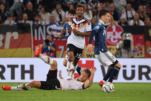 September 27, 2026, Soccer, Men s, 2027 UEFA Nations League, Germany vs. Greece, Joshua Kimmich (Germany), Bambase Conte (Germany), Konstantinos Karetsas (Greece), Augsburg, WWK Arena, Bavaria, Germany, DEU Copyright: xSebastianxBachx