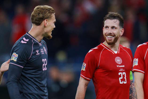Nations League: Denmark vs. Wales—Denmark’s Pierre-Emile Højbjerg and Filip Jørgensen after the Nations League match between Denmark and Wales at Parken on Sunday, September 27, 2026. Photo by Liselotte Sabroe, Ritzau Scanpix, Copenhagen, Denmark  Copyright: Ritzau Scanpix LiselottexSabroex spdk20260927-213131-L