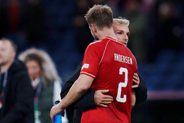 Nations League: Denmark vs. Wales—Denmark s Gustav Isaksen and Joachim Andersen after the Nations League match between Denmark and Wales at Parken on Sunday, September 27, 2026. Photo by Liselotte Sabroe, Ritzau Scanpix, Copenhagen, Denmark  Copyright: Ritzau Scanpix LiselottexSabroex spdk20260927-213235-L