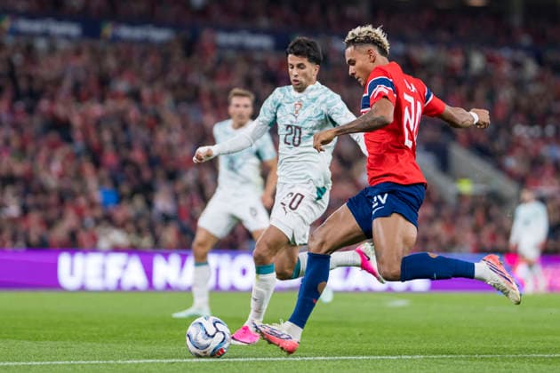 September 27, 2026: João Cancelo of Portugal and Antonio Nusa of Norway during the Nations League soccer match between Norway and Portugal on September 27, 2026 in Oslo. Photo by Vegard Grott, BILDBYRAN. Code: VG VG1010 bbeng soccer football fotball Nations League international match Norway Portugal  Copyright: VEGARDxGRoTT BB260927VG052