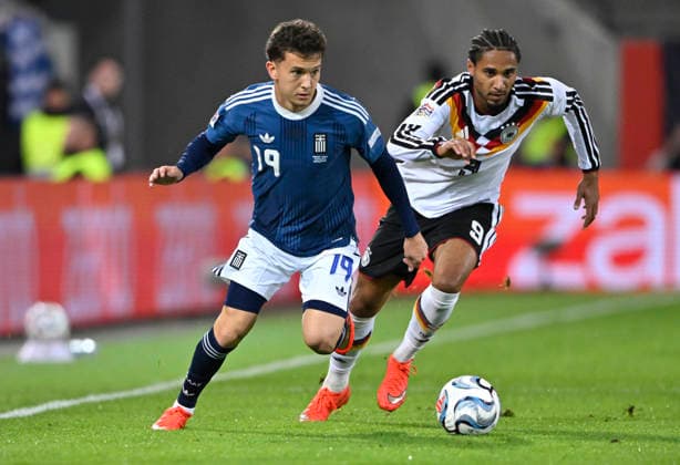 Tackle, Action: Konstantinos Karetsas (GRE 19) vs. Kevin Schade (GER 09) – DFB International Match: Germany (GER) vs. Greece (GRE) – UEFA Nations League on September 27, 2026. DFL regulations prohibit any use of photographs as image sequences and or QUASI-VIDEO DFB international match Germany (GER) vs. Greece (GRE), UEFA Nations League