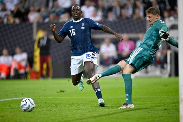 Tackle, Goalkeeper Alexander Nuebel (GER 21) in action against Andreas Tetteh (GRE 16) in the DFB international match between Germany (GER) and Greece (GRE) in the UEFA Nations League on September 27, 2026. DFL regulations prohibit any use of photographs as image sequences and or QUASI-VIDEO DFB international match: Germany (GER) vs. Greece (GRE), UEFA Nations League