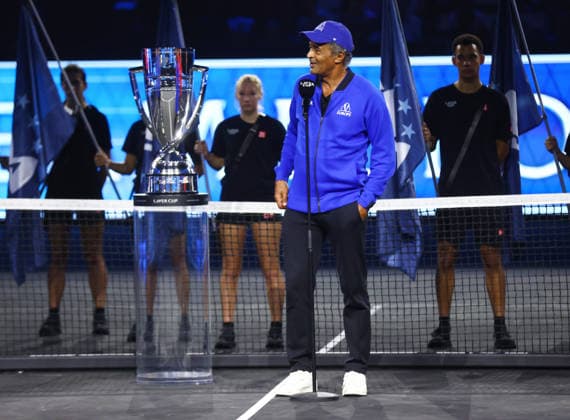 2026 Laver Cup, day three, O2 Arena, London,27 09 2026 Laver Cup Team Europe Captain Yannick Noah (FRA) during the Trophy Presentation for the 2026 Laver Cup as winning Captain, beating Team World 13-5 at the O2 Arena, London London O2 Arena London GBR, UK NEWSPAPERS OUT Copyright: xMarkxGreenwoodx