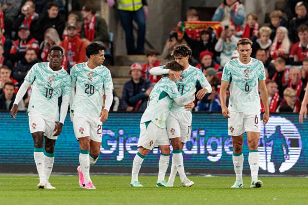 Francisco Conceicao and Joao Felix seen celebrating after goal during UEFA Nations League Division A game between National Teams of Norway and Portugal (Maciej Rogowski Ball Raw Images) Oslo Ullevaal Stadion Norway Copyright: xMaciejxRogowskix maciejrogowski_norway_portugal_2627_2-6