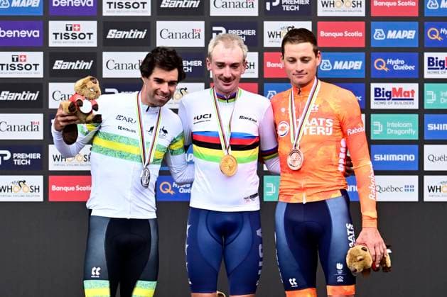 UCI 2026 Road World Championship, WM, Weltmeisterschaft Montreal 27 09 2026 MONTREAL, CANADA - SEPTEMBER 27 : silver medal Matthews Michael (AUS), gold medal Mcnulty Brandon (USA) and bronze medal Van Der Poel Mathieu (NED) pictured during the podium ceremony of the Men Elite cycling road race of the 2026 UCI Road World Championships 93th edition an UCI World Championships cycling race of 273.4 km with start in Montreal and finish in Montreal on September 27, 2026 in Montreal, Canada, 27 09 2026 Montreal Canada  Copyright: xPeterxDexVoechtx