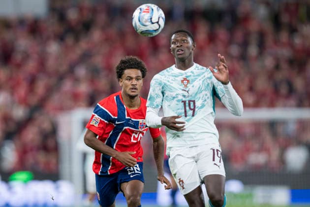 September 27, 2026: Antonio Nusa of Norway and Nuno Mendes of Portugal during the Nations League soccer match between Norway and Portugal on September 27, 2026 in Oslo. Photo by Vegard Grott, BILDBYRAN, code VG VG1010 bbeng soccer football fotball Nations League international match Norway Portugal  Copyright: VEGARDxGRoTT BB260927VG066