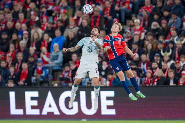 September 27, 2026: Ruben Neves of Portugal and Andreas Schjelderup of Norway during the Nations League soccer match between Norway and Portugal on September 27, 2026 in Oslo. Photo by Vegard Grott. BILDBYRAN code VG VG1010 bbeng soccer football fotball Nations League international match Norway Portugal  Copyright: VEGARDxGRoTT BB260927VG073