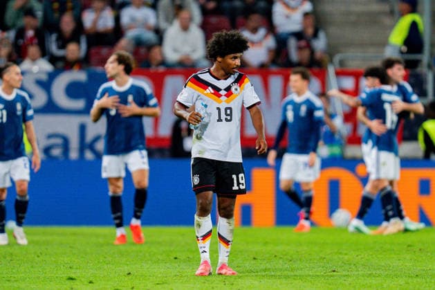 Nations League, Group A, Matchday 2, Germany vs. Greece on September 27, 2026, at the WWK Arena in Augsburg. Goal to make it 0–1 by Dimitrios Kourbelis. Karim Adeyemi (Germany) Copyright: xBahhoxKarax
