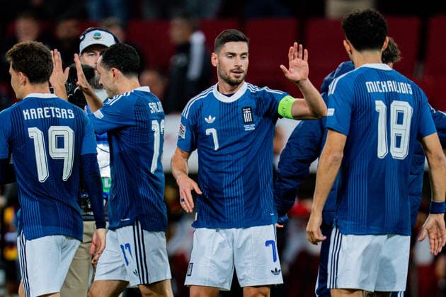 Nations League, Group A, Matchday 2, Germany vs. Greece on September 27, 2026, at the WWK Arena in Augsburg: Georgios Masouras, Giannis Michailidis, Konstantinos Karetsas Copyright: xBahhoxKarax