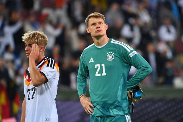 Goalkeeper Alexander NUEBEL GER, Hennes BEHRENS GER, after the game, frustration, disappointed, frustrated, dejected, UEFA Nations League group stage, Group B, Matchday 2: Germany (GER) vs. Greece (GRE) 0–1, on September 27, 2026, WWK ARENA AUGSBURG