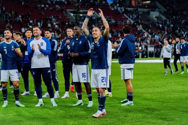 Nations League, Group A, Matchday 2, Germany vs. Greece on September 27, 2026, at the WWK Arena in Augsburg; Konstantinos Tsimikas and Konstantinos Karetsas laugh with joy after the final whistle Copyright: xBahhoxKarax