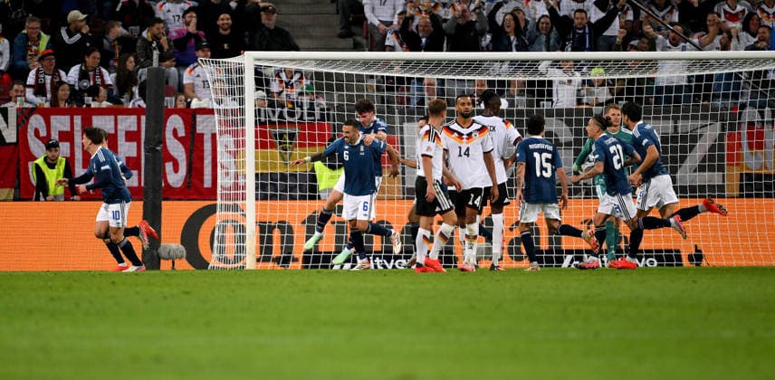 SOCCER UEFA Nations League League A Group 2 2026–2027 in Augsburg, September 27, 2026: Germany vs. Greece. Celebrations after the goal that made the score 0–1, Dimitris Kourbelis, Greece