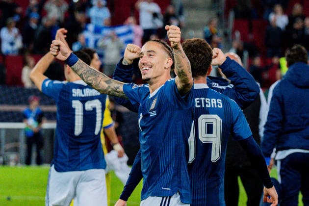 Nations League, Group A, Matchday 2, Germany vs. Greece on September 27, 2026, at the WWK Arena in Augsburg; Konstantinos Tsimikas and Konstantinos Karetsas laugh with joy after the final whistle Copyright: xBahhoxKarax