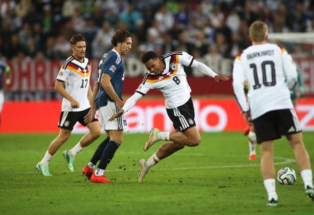 Germany vs. Greece, Soccer, Men s, 2026–2027 Season, International Match, Nations League, Matchday 2, League A, Group 2, WWK Arena: Felix Nmecha of Germany is fouled during a tackle