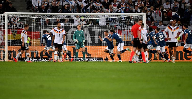 SOCCER UEFA Nations League League A Group 2 2026–2027 in Augsburg, September 27, 2026: Germany vs. Greece. Celebrations after the goal that made it 0–1, Dimitris Kourbelis (Greece)