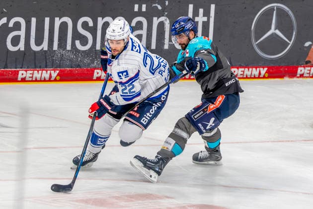 Ingolstadt, Germany, September 27, 2026 PENNY DEL 2026–2027 Game 4: ERC Ingolstadt vs. Adler Mannheim Pictured, from left: Sam Ruopp (ERC Ingolstadt) trips Matthias Plachta (MERC) during a tackle at Saturn Arena, Bavaria Copyright: xFotostandx xSchäferx