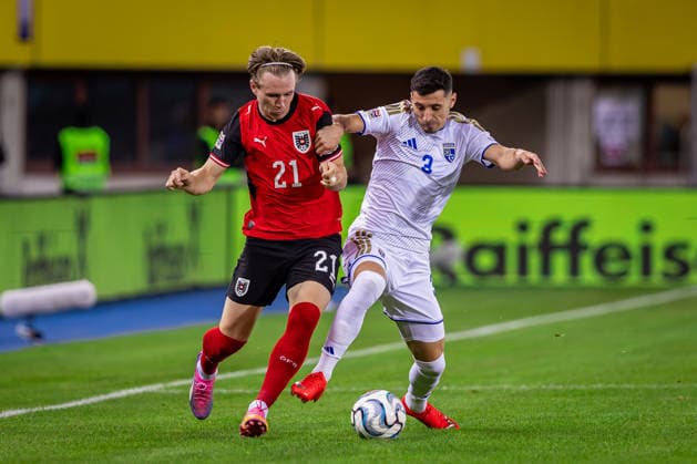 AUSTRIA - KOSOVO Patrick Wimmer of Austria and TSG 1899 Heffenheim and Milot Avdyli of Kosovo and Celje during UEFA Nations League - League B - Group B3 - Matchday 2 - football match between Austria and Kosovo. Ernst Happel Stadion, Vienna, Austria, September 27, 2026. Photo by Branislav Racko Copyright: xx 080A3273