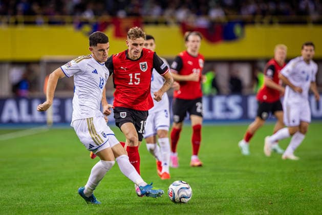 AUSTRIA - KOSOVO Nikolas Veratschnig of Austria and Red Bull Salzburg and Dion Gallapeni of Kosovo and Wisla Plock during UEFA Nations League - League B - Group B3 - Matchday 2 - football match between Austria and Kosovo. Ernst Happel Stadion, Vienna, Austria, September 27, 2026. Photo by Branislav Racko Copyright: xx 080A3306