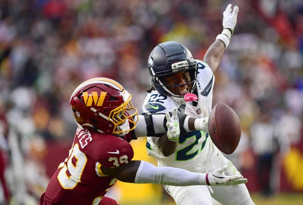 LANDOVER, MD - SEPTEMBER 27: Washington safety Jeremy Reaves (39) defends a deep pass intended for Seahawks wide receiver Rashid Shaheed (22) with 4:17 left in the fourth quarter during the Seattle Seahawks versus Washington Commanders National Football League game at Northwest Stadium on September 27, 2026 in Landover, MD. (Photo by Randy Litzinger Icon Sportswire) NFL, American Football Herren, USA SEP 27 Seahawks at Commanders EDITORIAL USE ONLY Icon9662609271129