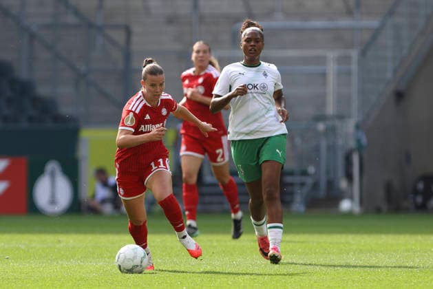 Sarah Mattner Trembleau of FC Bayern Munich and Lili Jones Baidoe of Borussia Mönchengladbach go head-to-head during the DFB Women s Cup match between Borussia Mönchengladbach and FC Bayern Munich, at Borussia Park on September 27, 2026, in Mönchengladbach, Germany. Photo by Oliver Kaelke, DeFodi Images. Sarah Mattner Trembleau of FC Bayern Munich and Lili Jones Baidoe of Borussia Mönchengladbach battle for the ball during the DFB Women’s Cup match between Borussia Mönchengladbach and FC Bayern Munich at ista Borussia Park on September 27, 2026 in Mönchengladbach, Germany. Photo by Oliver Kaelke, DeFodi Images. DFB and DFL regulations prohibit any use of photographs as image sequences and or quasi-video. Photo by Oliver Kaelke, DeFodi Images.