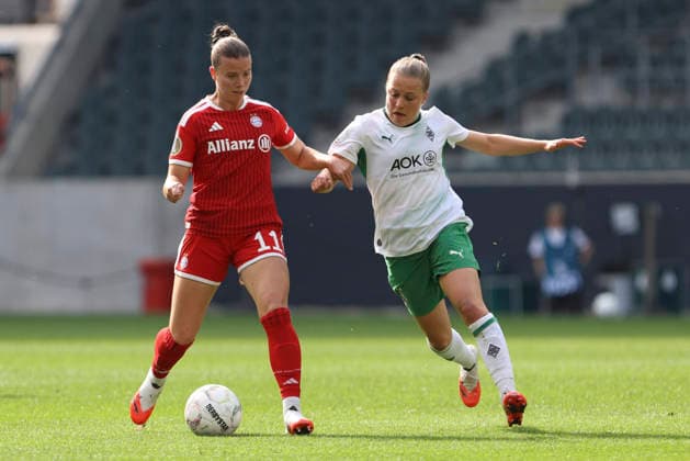 Sarah Mattner Trembleau of FC Bayern Munich and Luca Graf of Borussia Mönchengladbach battle for the ball during the DFB Women s Cup match between Borussia Mönchengladbach and FC Bayern Munich at Borussia Park on September 27, 2026, in Mönchengladbach, Germany. Photo by Oliver Kaelke, DeFodi Images. Sarah Mattner Trembleau of FC Bayern Munich and Luca Graf of Borussia Mönchengladbach battle for the ball during the DFB Women’s Cup match between Borussia Mönchengladbach and FC Bayern Munich at ista Borussia Park on September 27, 2026 in Mönchengladbach, Germany. Photo by Oliver Kaelke, DeFodi Images. DFB and DFL regulations prohibit any use of photographs as image sequences and or quasi-video. Photo by Oliver Kaelke, DeFodi Images