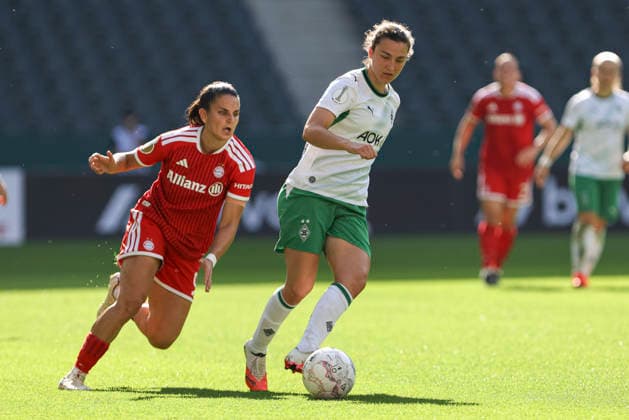 Jovana Damnjanovic FC Bayern Munich and Kristina Bartsch of Borussia Mönchengladbach battle for the ball during the DFB Women s Cup match between Borussia Mönchengladbach and FC Bayern Munich at Borussia Park on September 27, 2026, in Mönchengladbach, Germany. Photo by Oliver Kaelke, DeFodi Images. Jovana Damnjanovic of FC Bayern Munich and Kristina Bartsch of Borussia Mönchengladbach battle for the ball during the DFB Women’s Cup match between Borussia Mönchengladbach and FC Bayern Munich at ista Borussia Park on September 27, 2026 in Mönchengladbach, Germany. Photo by Oliver Kaelke, DeFodi Images. DFB and DFL regulations prohibit any use of photographs as image sequences and or quasi-video. Photo by Oliver Kaelke, DeFodi Images.