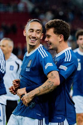 Nations League, Group A, Matchday 2, Germany vs. Greece on September 27, 2026, at the WWK Arena in Augsburg; Konstantinos Tsimikas and Konstantinos Karetsas laugh with joy after the final whistle Copyright: xBahhoxKarax