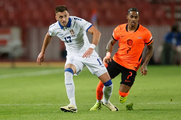 BELGRADE, SERBIA - SEPTEMBER 27: Aleksa Terzic of Serbia Crysencio Summerville of Netherlands during the UEFA Nations League match between Serbia and Netherlands at on September 27, 2026 in Belgrade, Serbia.  Copyright: xDijksxMedia MBxMediax