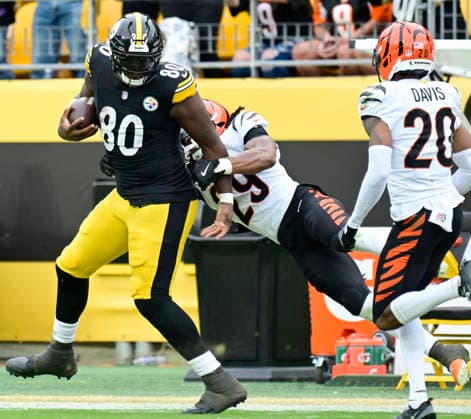 Pittsburgh Steelers tight end Darnell Washington (80) gains 47 yards on a reception and run along the sidelines before Cincinnati Bengals safety Kyle Dugger (29) makes the tackle in the fourth quarter of the Steelers 30-27 win at against the Cincinnati Bengals Acrisure Stadium on Sunday, September 27, 2026 in Pittsburgh.  PIT2026092725 ARCHIExCARPENTER