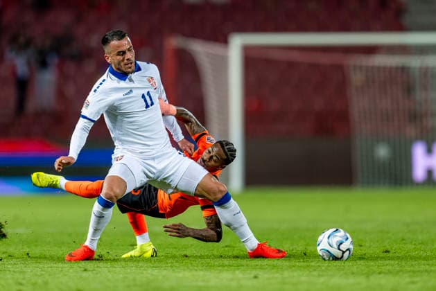 BELGRADE Serbian defender Filip Kostic and Dutch forward Crysencio Summerville during the UEFA Nations League match between Serbia and the Netherlands at Rajko Mitic Stadium on September 27, 2026, in Belgrade, Serbia. Photo by DeFodi Images