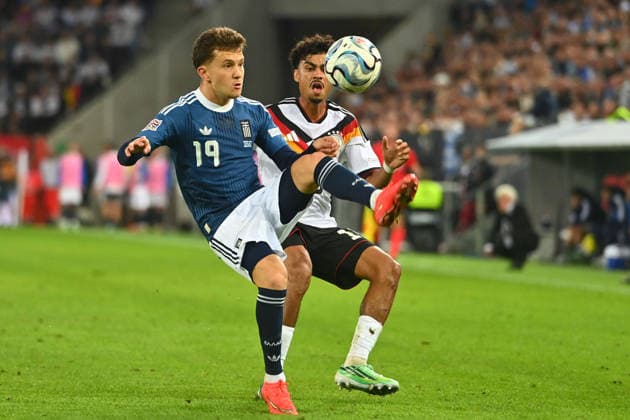 Konstantinos KARETSAS (Greece), Action, Tackle against Nathaniel BROWN (GER), UEFA Nations League Group Stage, Group B, Matchday 2: Germany (GER) vs. Greece (GRE) 0–1, on September 27, 2026, WWK ARENA AUGSBURG