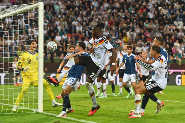 Penalty area play featuring Yann BISSECK (GER) and Younes EBNOUTALIB (GER); action; UEFA Nations League group stage, Group B, Matchday 2: Germany (GER) vs. Greece (GRE) 0–1, on September 27, 2026, at WWK ARENA AUGSBURG