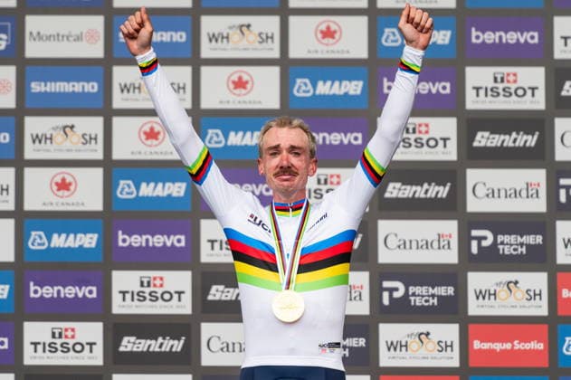 UCI Road cycling, Rad, Radsport, Strasse World Championships in Montreal - Men s Road Race Brandon McNulty of United States celebrates his gold medal on the podium after the Men s Road Race at the UCI Road Cycling World Championships in Montreal, Canada, 27 September 2026. Montreal Canada  Copyright: xEDOUARDxDESROCHESx