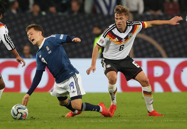 September 27, 2026, Nations League, Germany vs. Greece, WWK Arena Augsburg, Soccer, Sports, Pictured: Konstantinos Karetsas (Greece) vs. Joshua Kimmich (FC Bayern Munich)