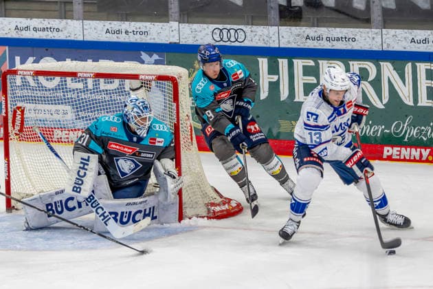 Ingolstadt, Germany, September 27, 2026 PENNY DEL 2026–2027, Game 4: ERC Ingolstadt vs. Adler Mannheim. Pictured, from left, in a one-on-one battle: Goaltender Devin Williams (ERC Ingolstadt), Myles Powell (ERC Ingolstadt), and Zachary Solow (Adler Mannheim) at Saturn Arena, Bavaria Copyright: xFotostandx xSchäferx