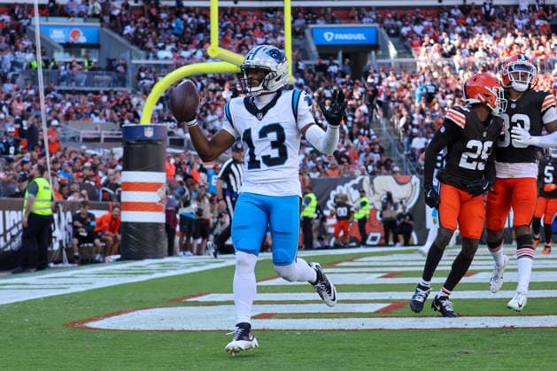 CLEVELAND, OH - SEPTEMBER 27: Carolina Panthers wide receiver John Metchie III (13) celebrates after scoring on a 8-yard touchdown pass during the fourth quarter of the National Football League game between the Carolina Panthers and Cleveland Browns on September 27, 2026, at Huntington Bank Field in Cleveland, OH. (Photo by Frank Jansky Icon Sportswire) NFL, American Football Herren, USA SEP 27 Panthers at Browns EDITORIAL USE ONLY Icon260927032