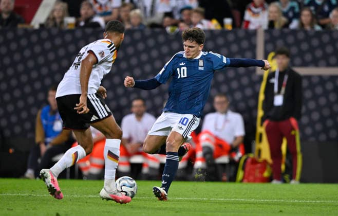 Tackle, Action: Josha Vagnoman (GER 14) vs. Christos Tzolis (GRE 10) DFB international match Germany (GER) vs. Greece (GRE) UEFA Nations League on September 27, 2026 DFL regulations prohibit any use of photographs as image sequences and OR QUASI-VIDEO DFB international match: Germany (GER) vs. Greece (GRE), UEFA Nations League